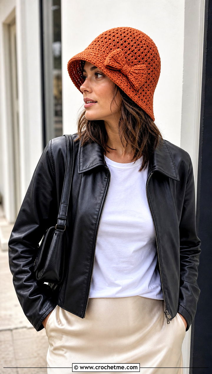 Bow Trimmed Crochet Cloche Hat With Leather Jacket - 25 flapper style crochet cloche hat outfit ideas