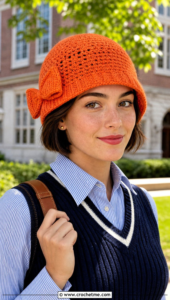 Bow Trimmed Crochet Flapper Hat With Preppy Outfit - 30 crochet flapper hat outfit ideas