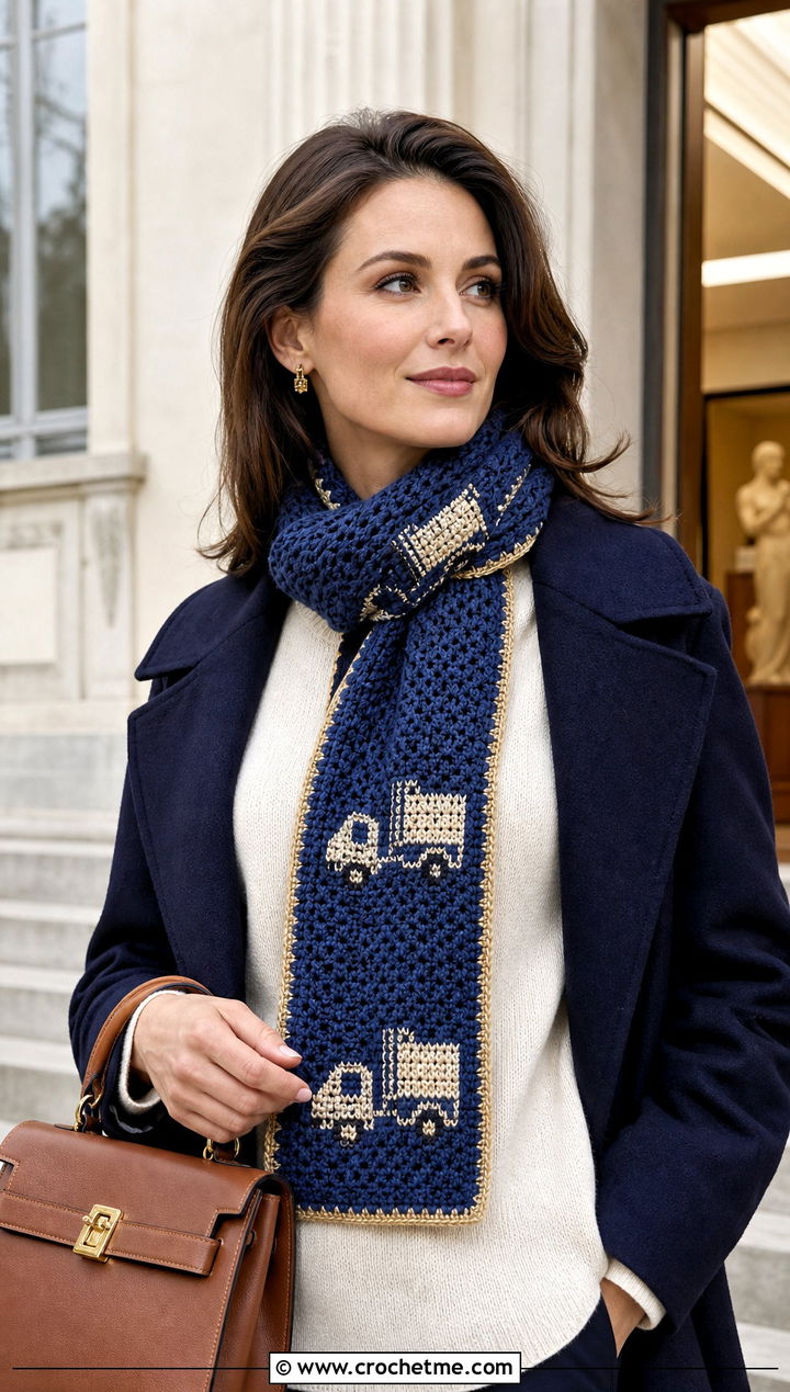 Box Truck Crochet Scarf With Old Money Separates - 20 Crochet Truck Scarf outfit ideas