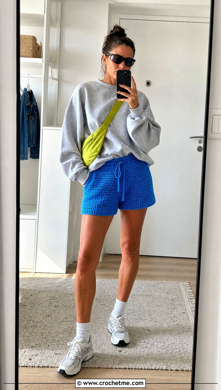 Boxer Crochet Shorts With Crewneck Sweatshirt - 25 colorful crochet shorts outfit ideas