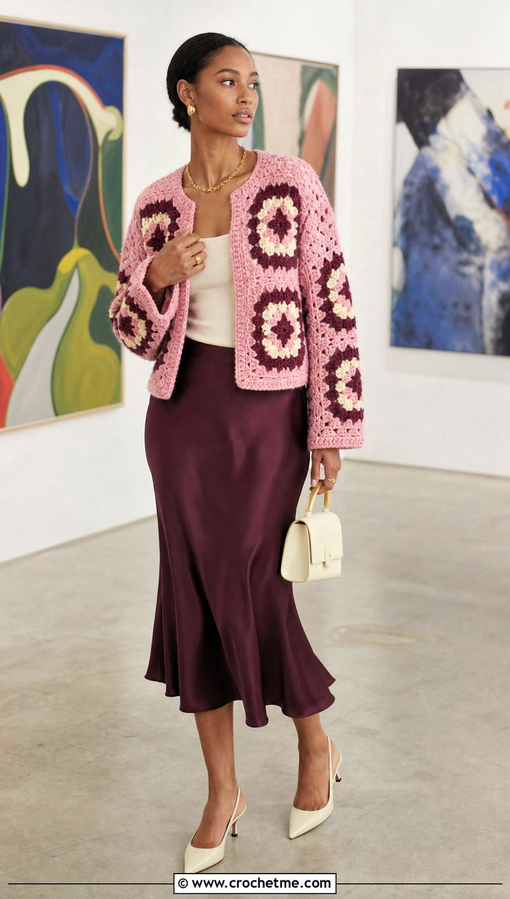 Boxy African Flower Granny Square Cardigan With Satin Midi Skirt - 30 african flower granny square cardigan outfit ideas