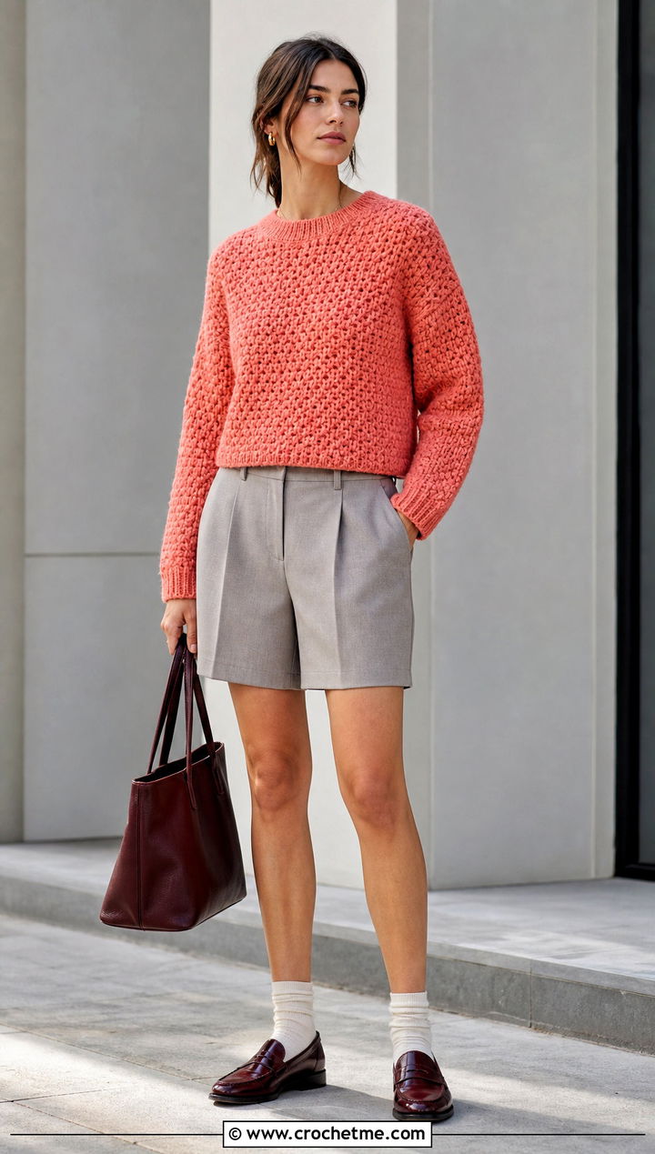 Boxy Alpine Stitch Sweater With Bermuda Shorts - 25 crochet alpine stitch sweater outfit ideas