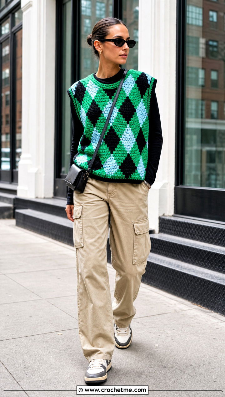 Boxy Argyle Crochet Sweater Vest With Cargo Pants - 20 Argyle Crochet Sweater Vest outfit ideas