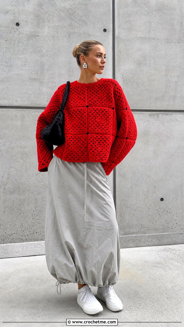 Boxy Big Granny Square Sweater With Parachute Skirt - 35 big granny square sweater outfit ideas