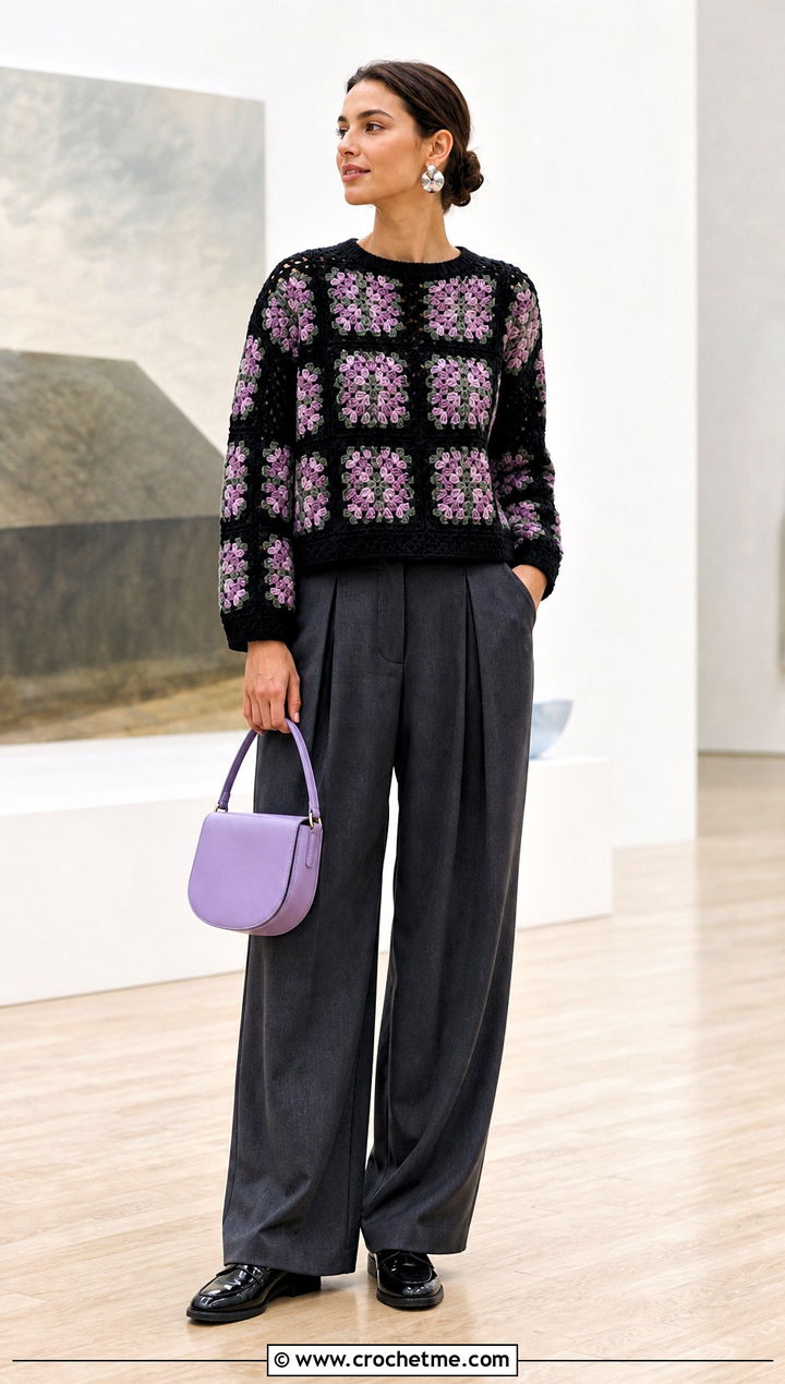 Boxy Black Granny Square Sweater With Pleated Trousers - 25 black granny square sweater outfit ideas