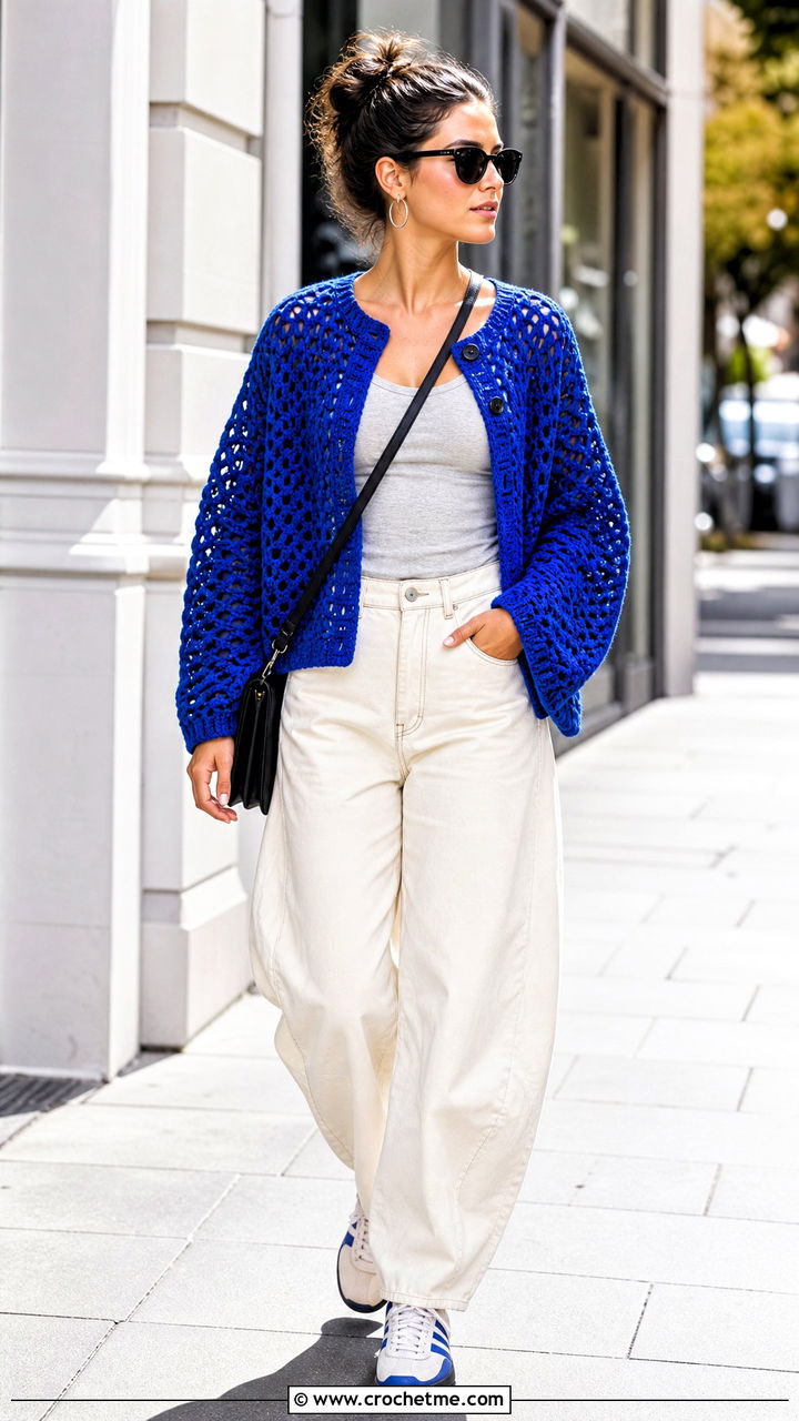 Boxy Blue Crochet Cardigan With Barrel Jeans - 35 blue crochet cardigan outfit ideas