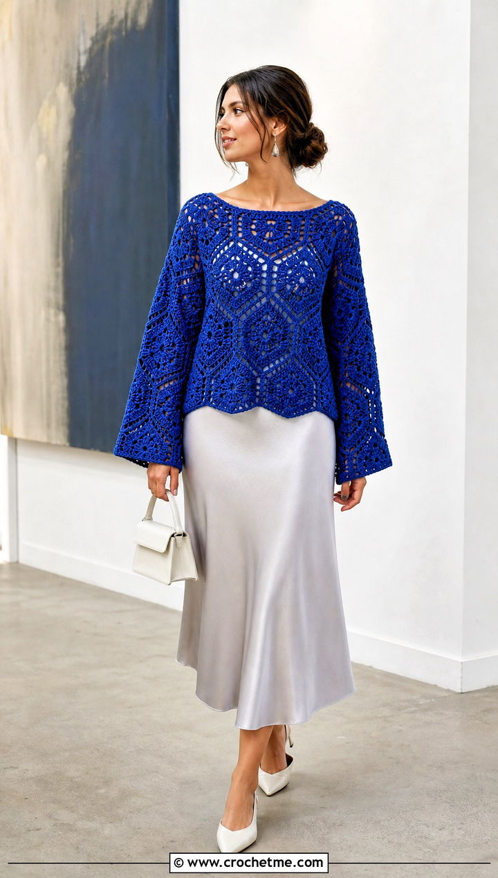 Boxy Boat Neck Hexagon Granny Square Pullover With Satin Midi Skirt - 25 Hexagon Granny Square Pullover outfit ideas