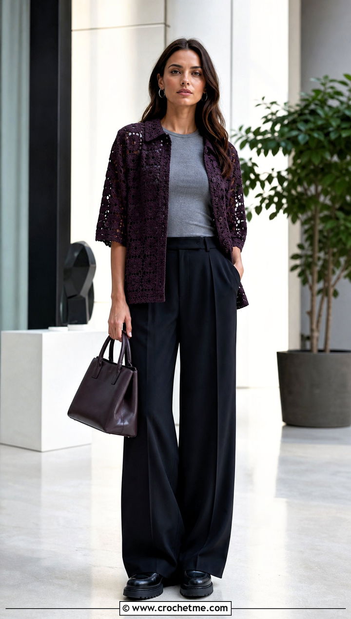 Boxy Bode Crochet Shirt With Wide Leg Suit Pants - 20 Bode Crochet Shirt outfit ideas
