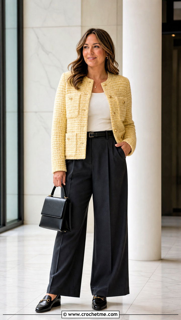 Boxy Boucle Crochet Chanel Jacket With Wide Leg Trousers - 30 crochet chanel jacket outfit ideas