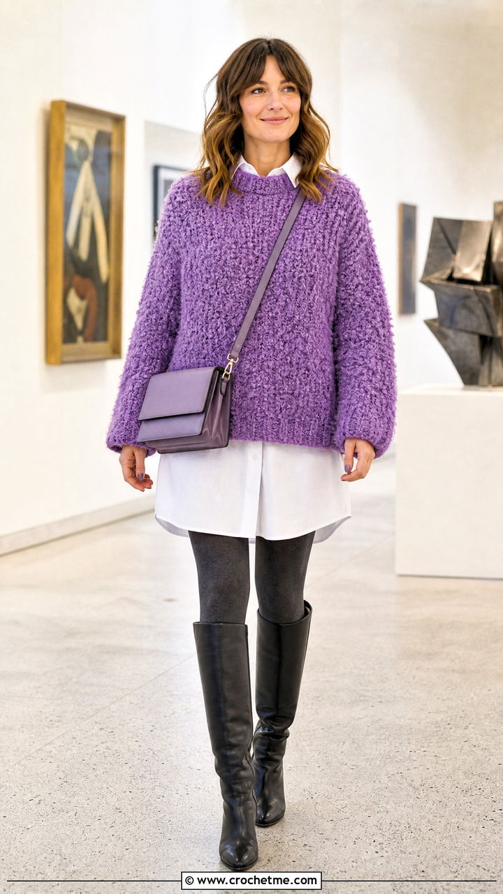 Boxy Boucle Crochet Fluffy Sweater With Shirt Dress - 35 crochet fluffy sweater outfit ideas