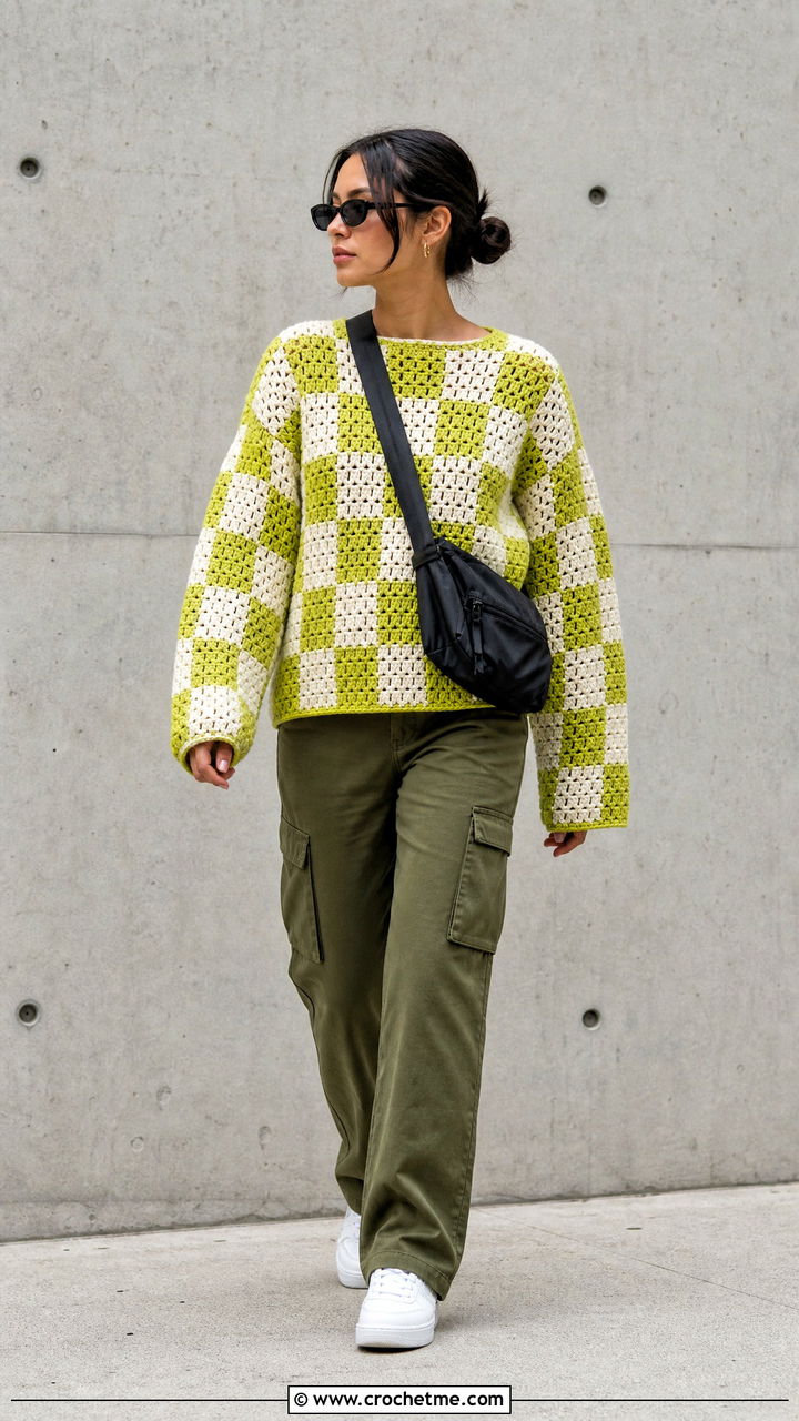 Boxy Checkerboard Granny Square Jumper With Cargo Pants - 35 crochet granny square jumper outfit ideas