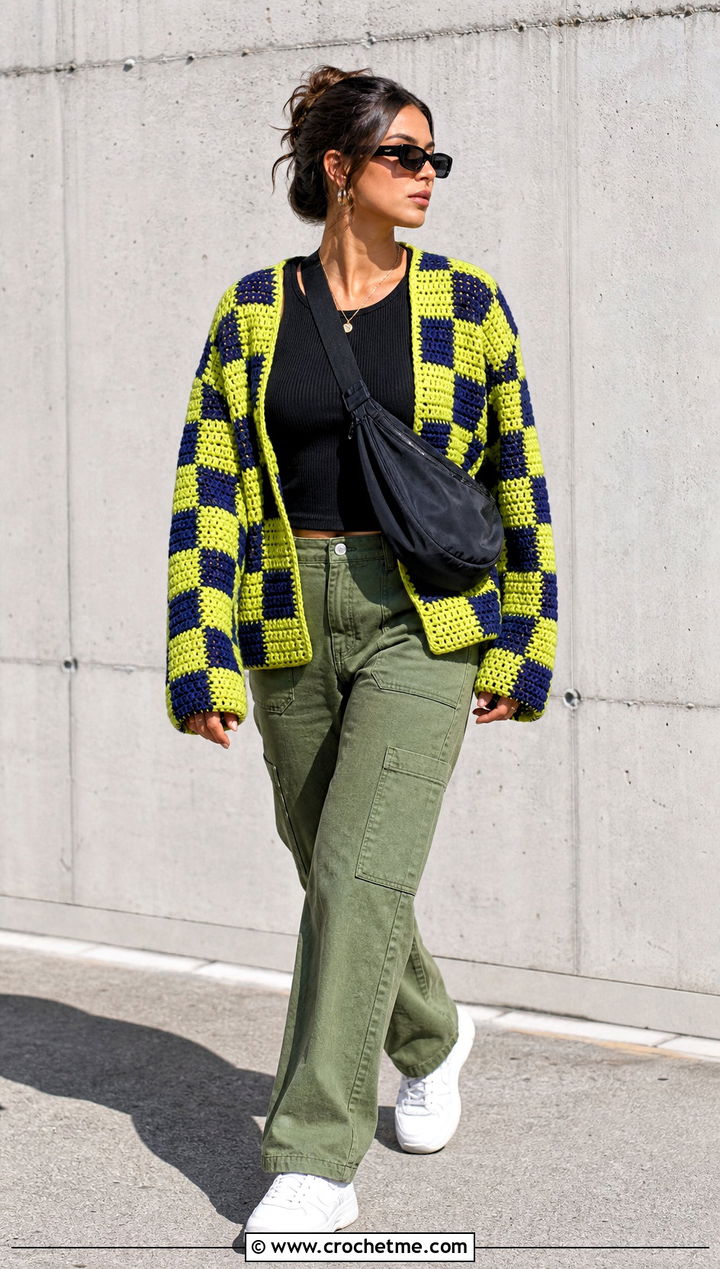 Boxy Checkered Crochet Cardigan With Cargo Pants - 25 Checkered Crochet Cardigan outfit ideas