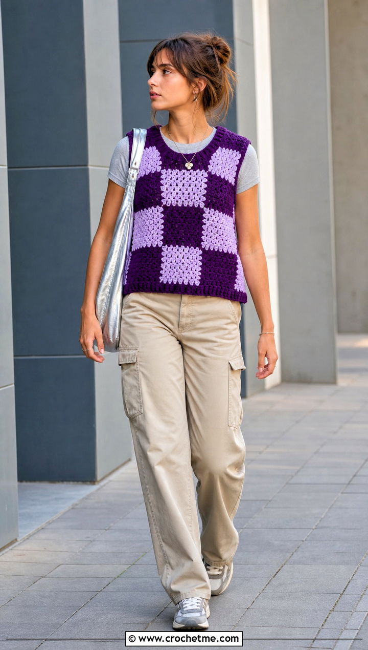 Boxy Checkered Crochet Sweater Vest With Cargo Pants - 15 Checkered Crochet Sweater Vest outfit ideas