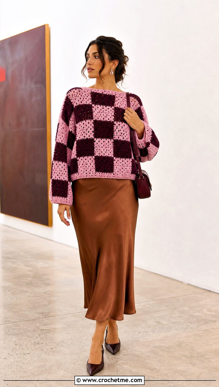 Boxy Checkered Crochet Sweater With Satin Midi Skirt - 30 checkered crochet sweater outfit ideas
