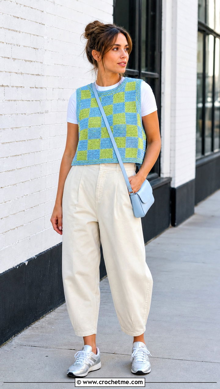 Boxy Checkered Crochet Vest With Barrel Jeans - 15 Crochet Checkered Vest outfit ideas