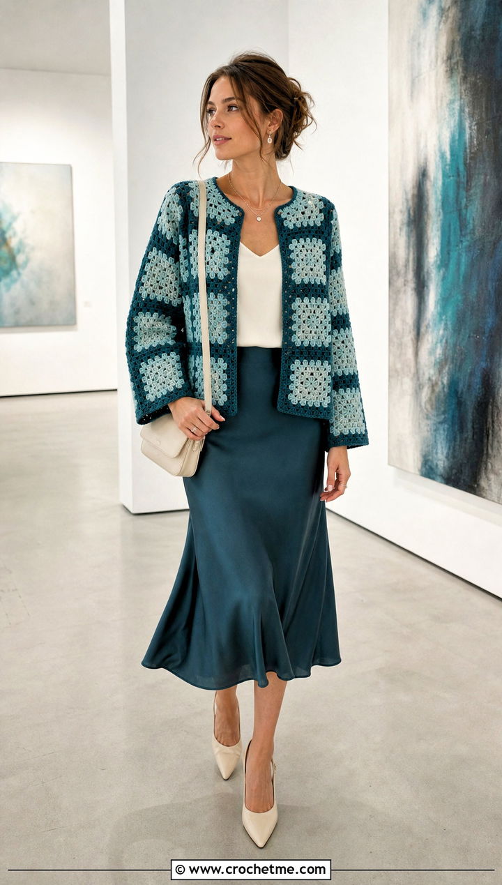 Boxy Checkered Granny Square Cardigan With Satin Midi Skirt - 25 checkered granny square cardigan outfit ideas