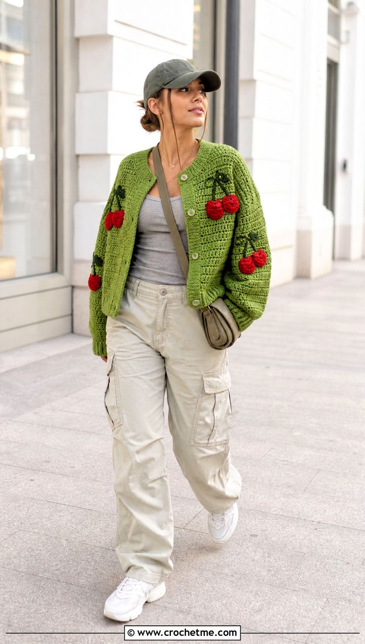 Boxy Cherry Crochet Cardigan With Cargo Pants - 30 cherry crochet cardigan outfit ideas
