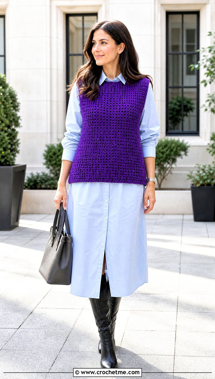 Boxy Chunky Crochet Vest With Shirt Dress - 25 Chunky Crochet Vest outfit ideas