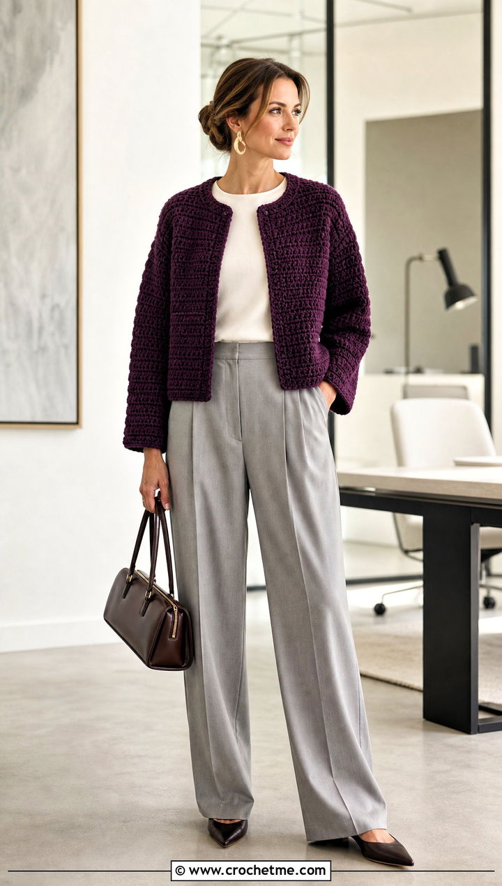 Boxy Collarless Crochet Cardigan With Pleated Trousers - 25 Bulky Crochet Cardigan outfit ideas
