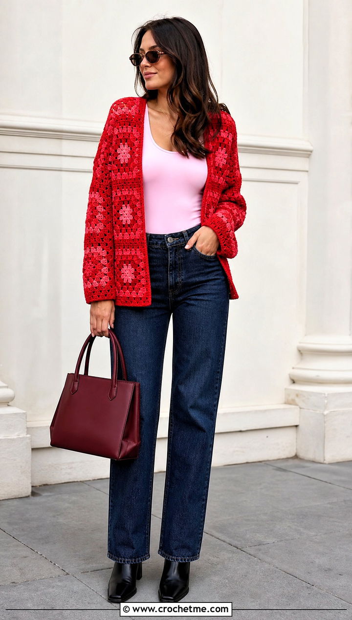 Boxy Continuous Granny Square Cardigan With Straight Leg Jeans - 25 continuous granny square cardigan outfit ideas