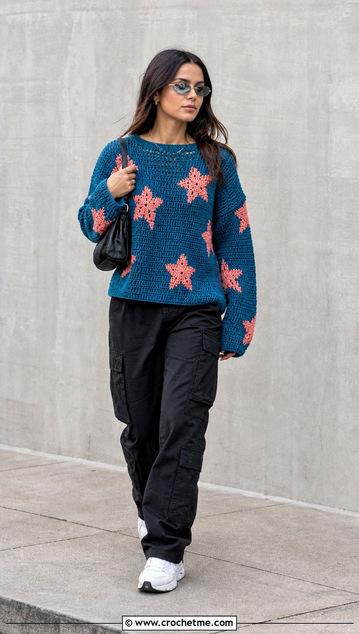 Boxy Coraline Star Crochet Sweater With Black Cargo Pants - 25 Coraline Star Crochet Sweater outfit ideas