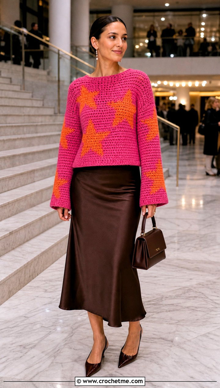 Boxy Coraline Star Crochet Sweater With Satin Midi Skirt - 25 coraline crochet sweater outfit ideas