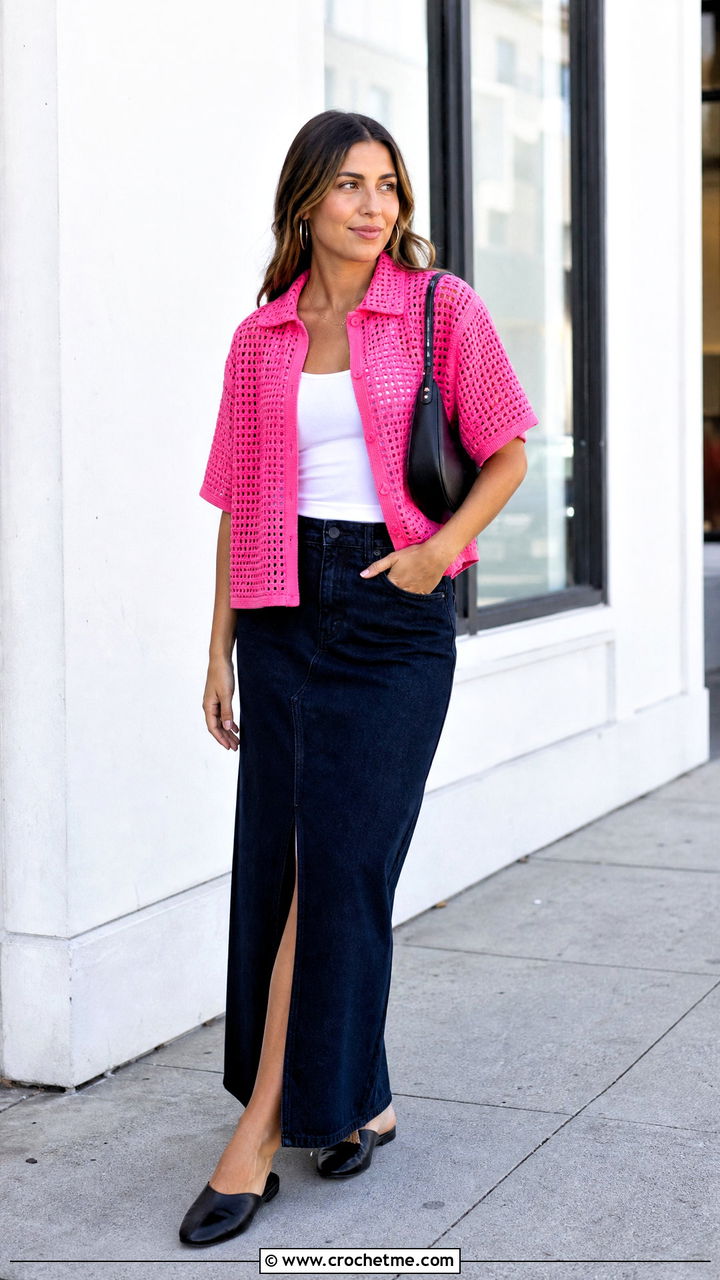 Boxy Cotton Crochet Button Up Shirt With Denim Maxi Skirt - 35 crochet button up shirt outfit ideas