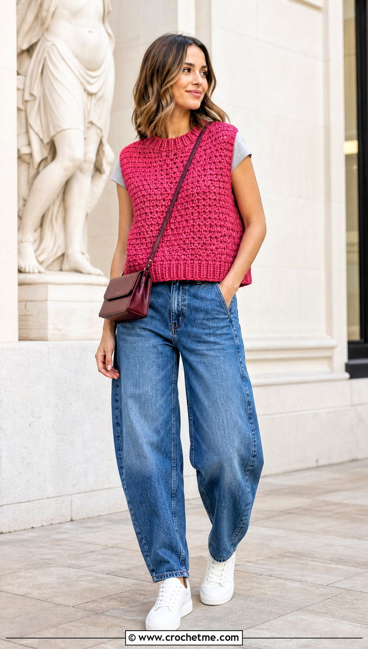 Boxy Crew Neck Crochet Sweater Vest With Barrel Jeans - 25 easy crochet sweater vest outfit ideas