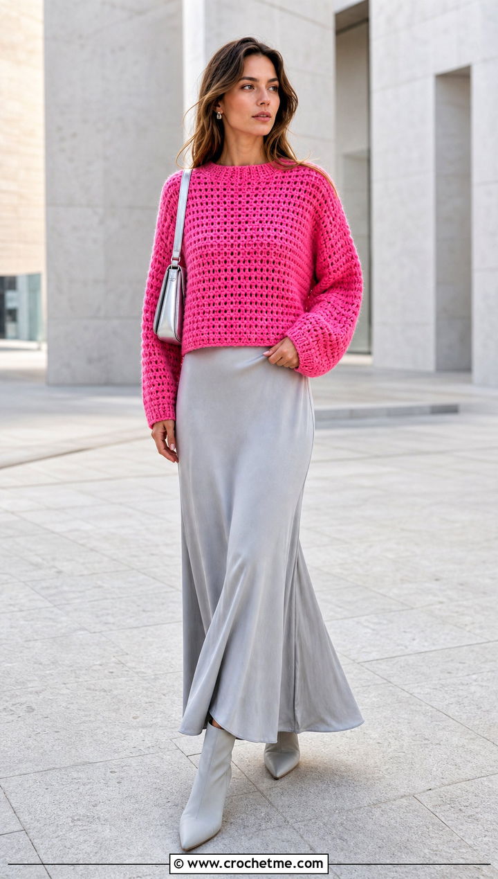 Boxy Crochet Block Sweater With a Bias Cut Maxi Skirt - 30 crochet block sweater outfit ideas