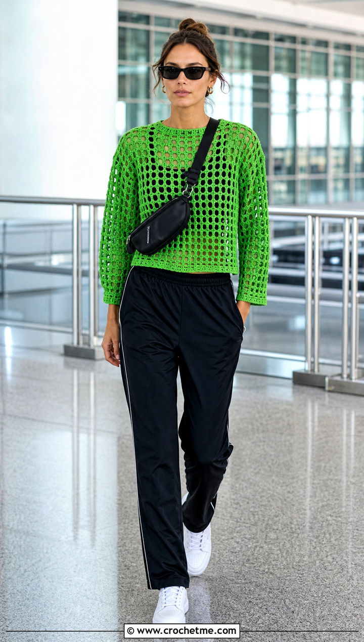 Boxy Crochet Blouse With Track Pants - 15 colorful crochet blouse design outfit ideas