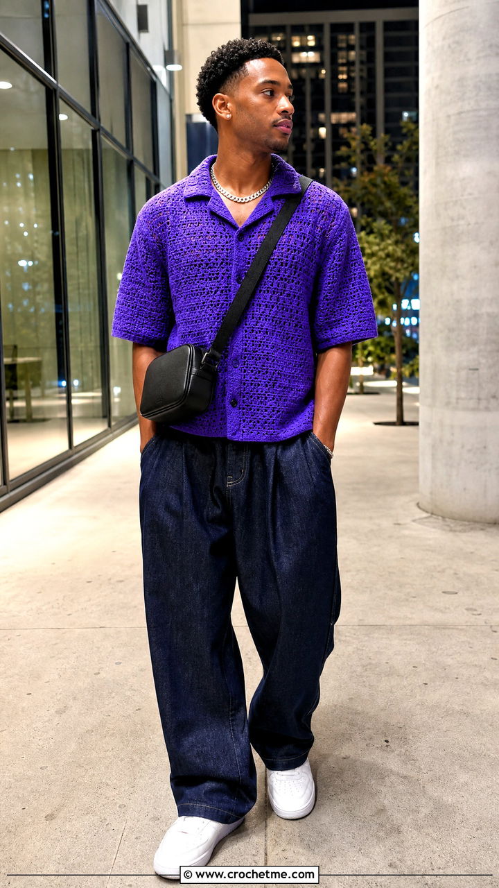 Boxy Crochet Bowling Shirt With Wide Leg Jeans - 35 crochet male shirt outfit ideas