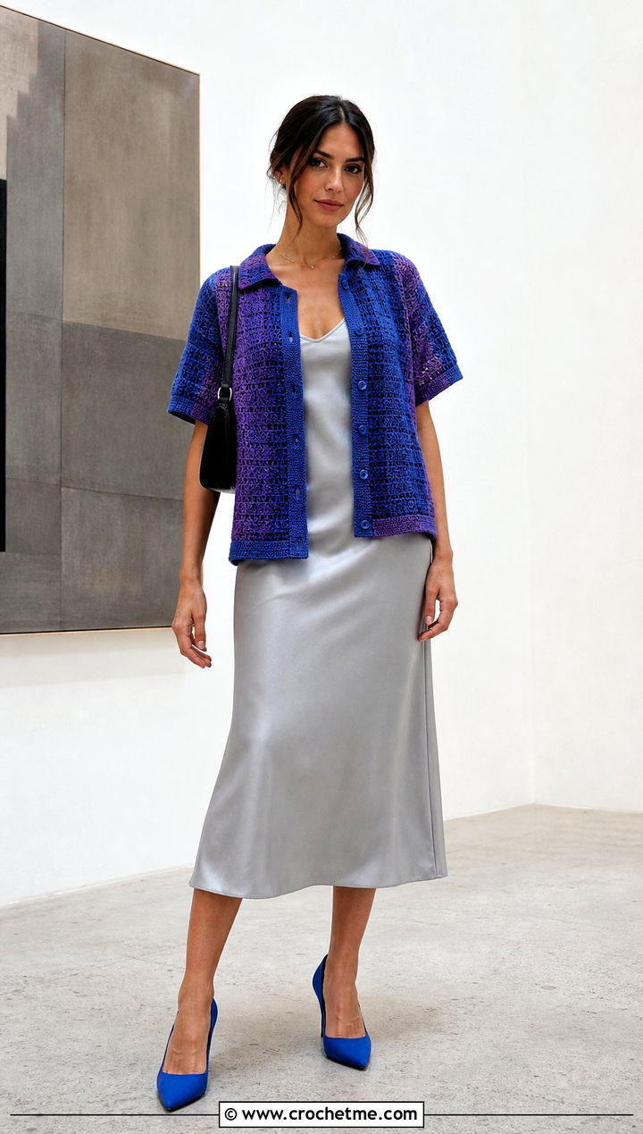 Boxy Crochet Button Shirt With Slip Dress - 30 crochet button top outfit ideas