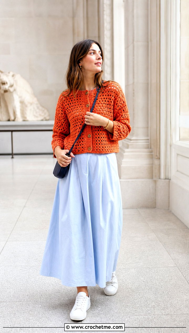 Boxy Crochet Button Sweater With Poplin Maxi Skirt - 30 Crochet Button Sweater outfit ideas