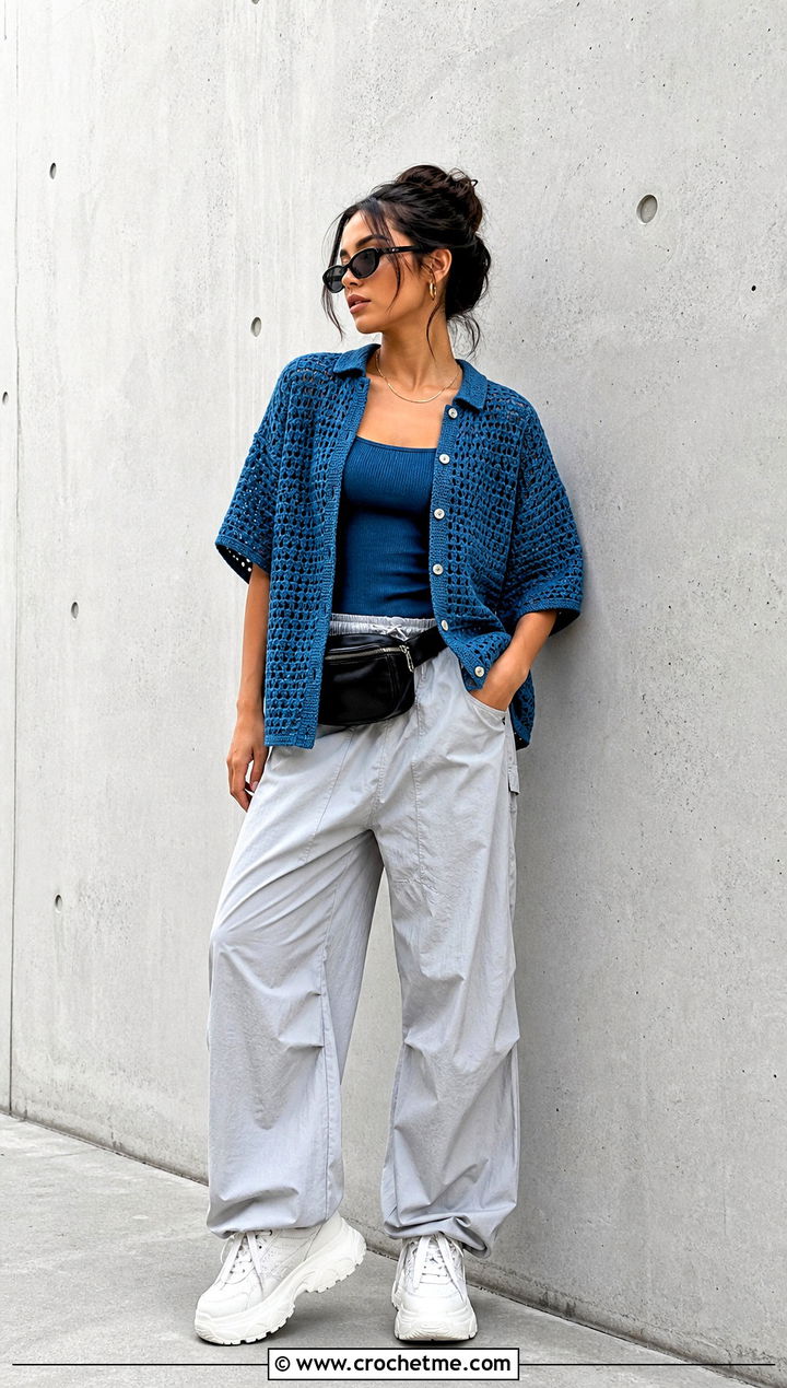 Boxy Crochet Button Top With Parachute Pants - 35 Crochet Top With Buttons outfit ideas