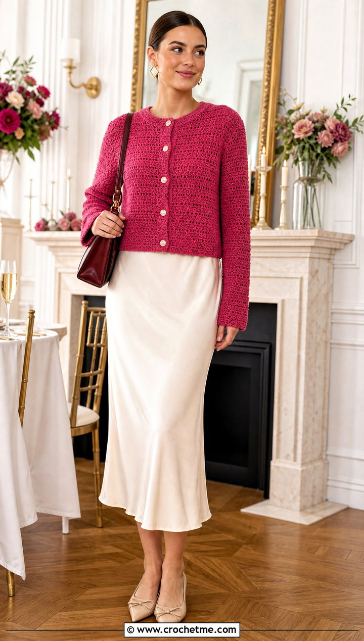 Boxy Crochet Button Up Cardigan With Slip Skirt - 25 Crochet Button Up Cardigan outfit ideas