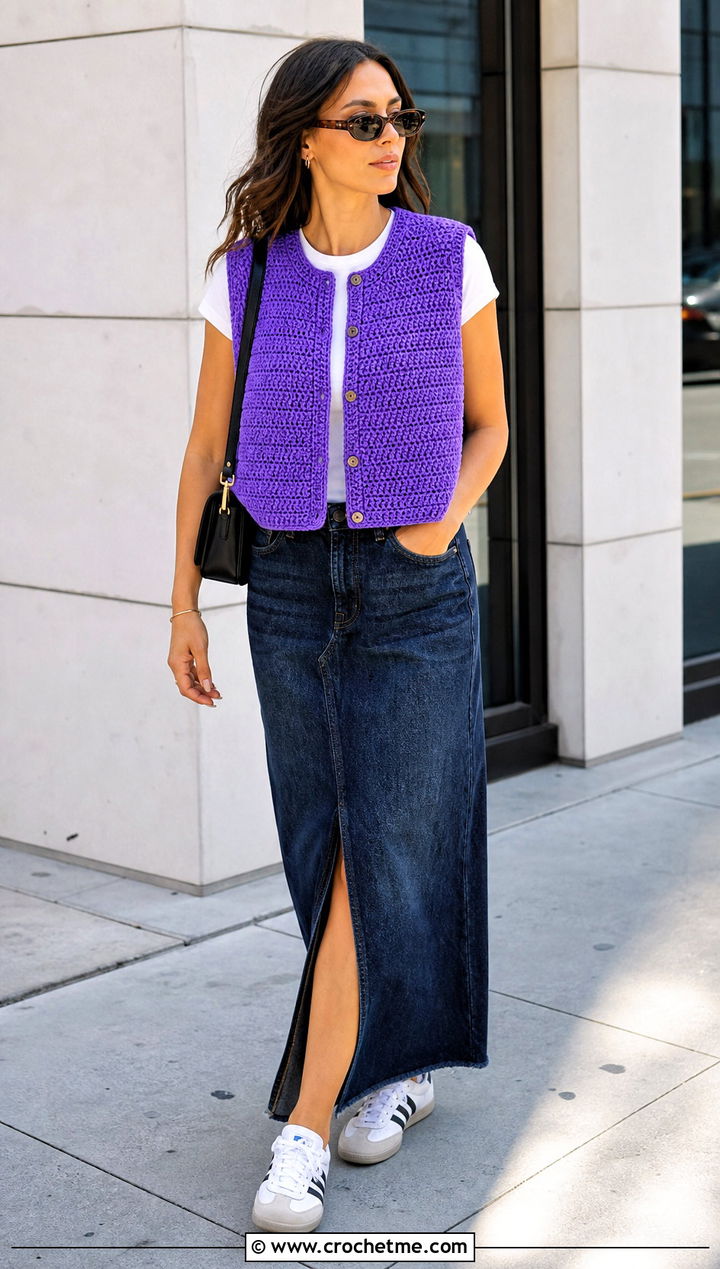 Boxy Crochet Button Vest With Denim Maxi Skirt - 35 crochet button vest outfit ideas