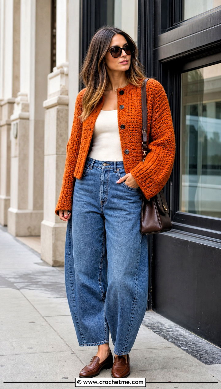 Boxy Crochet Cardigan With Barrel Leg Jeans - 30 3 weight yarn crochet cardigan outfit ideas