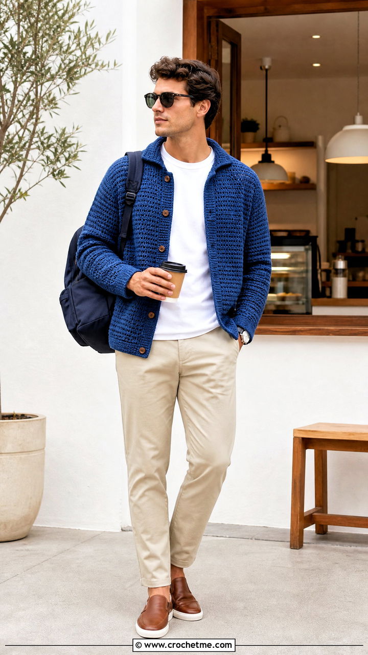 Boxy Crochet Cardigan With Tapered Chinos - 35 crochet cardigan men outfit ideas