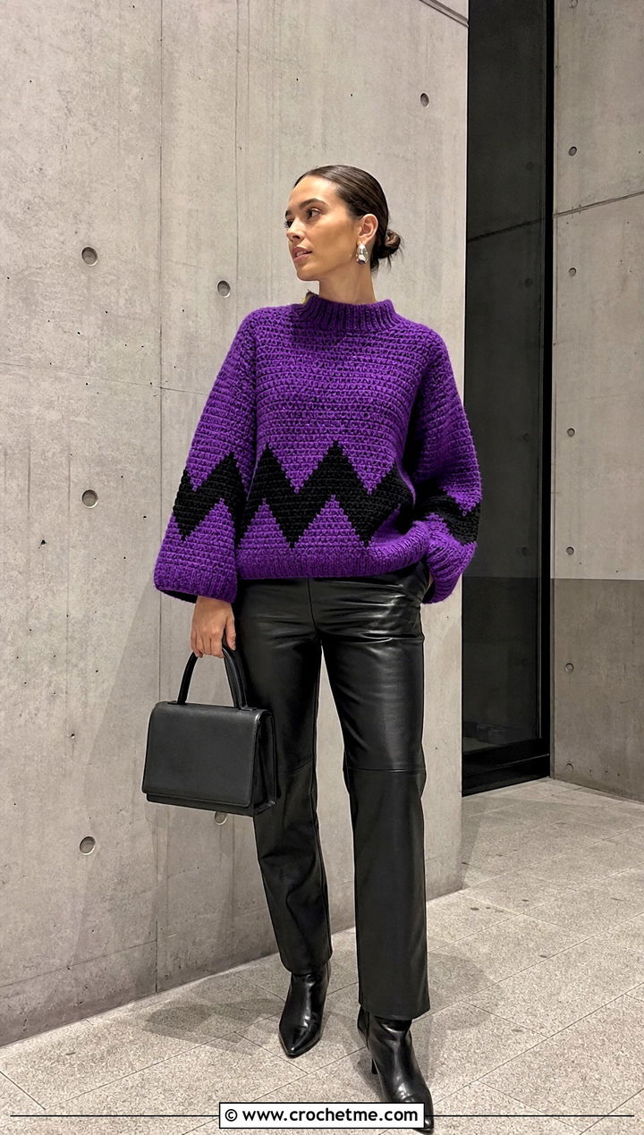 Boxy Crochet Charlie Brown Sweater With Leather Pants - 15 Crochet Charlie Brown Sweater outfit ideas
