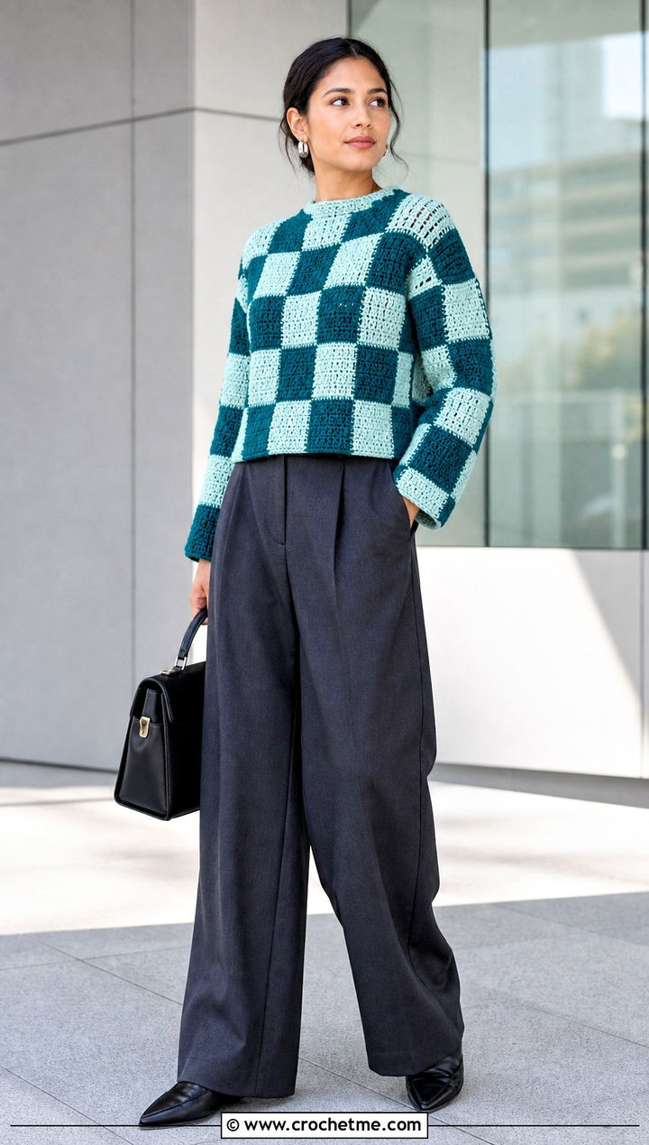 Boxy Crochet Checker Sweater With Tailored Trousers - 25 Crochet Checker Sweater outfit ideas