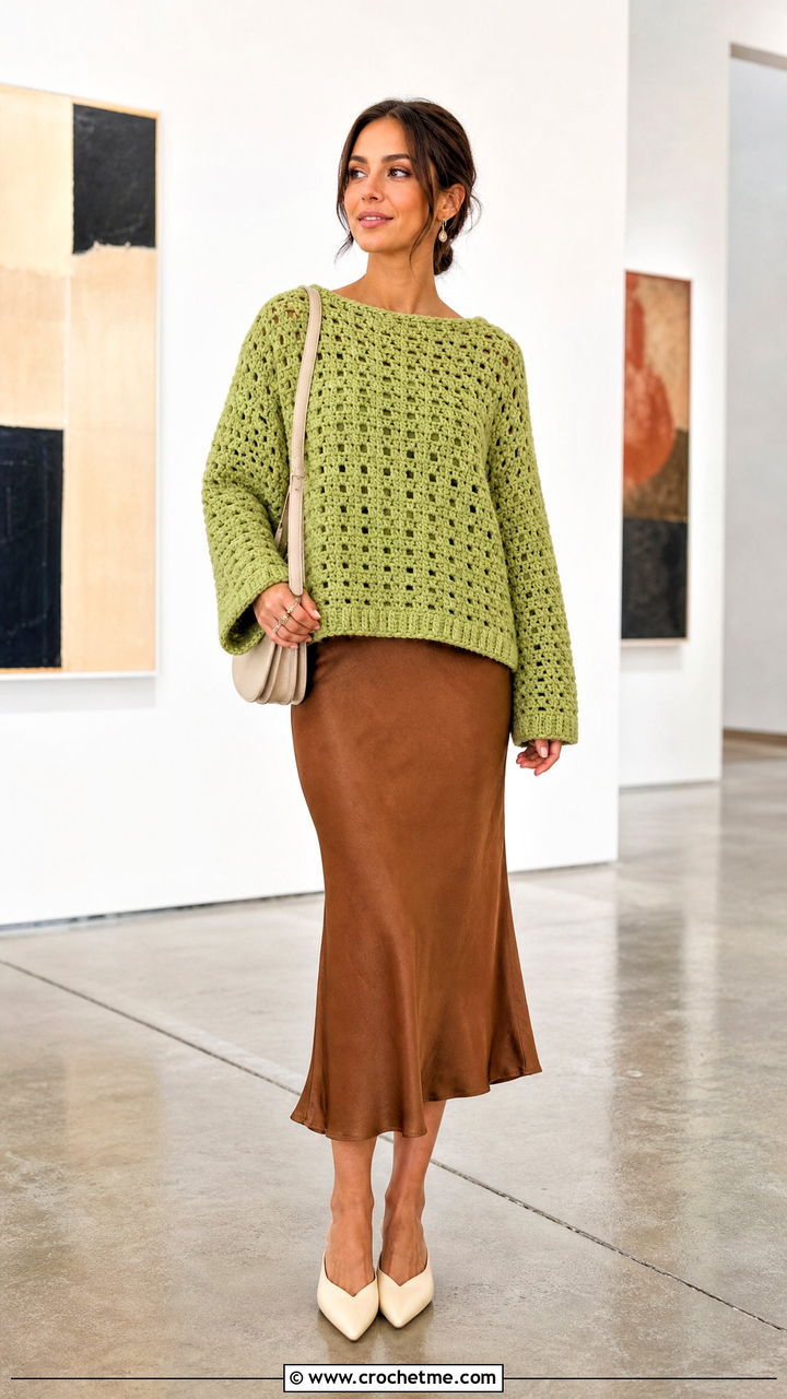Boxy Crochet Chunky Sweater With Bias Cut Skirt - 35 crochet chunky sweater outfit ideas