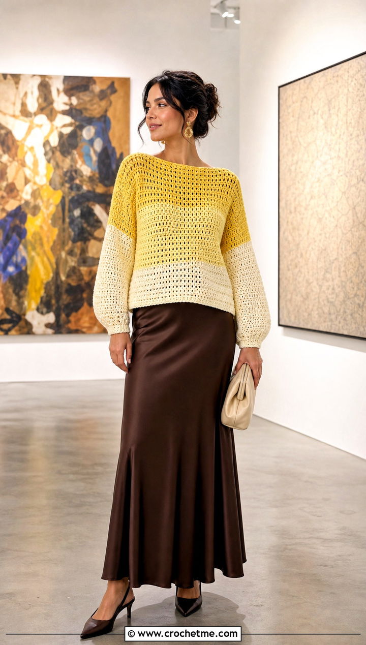 Boxy Crochet Colorblock Sweater With Slip Skirt - 30 crochet colorblock sweater outfit ideas