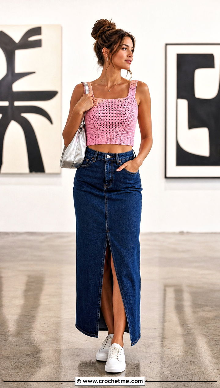 Boxy Crochet Crop Top With Denim Maxi Skirt - 25 Easy Clothes To Crochet For Beginners outfit ideas