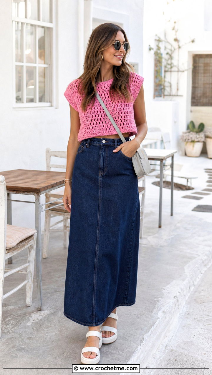 Boxy Crochet Crop Top With Denim Maxi Skirt - 30 begginer crochet top outfit ideas