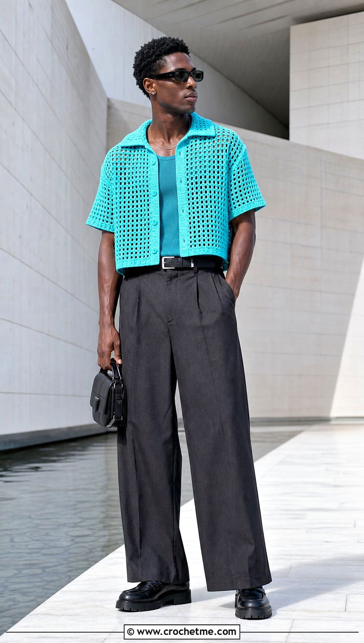 Boxy Crochet Crop Top With Wide Leg Trousers - 35 Mens Crochet Top outfit ideas