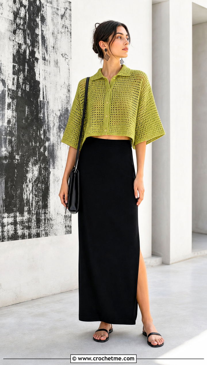 Boxy Crochet Cropped Shirt With Column Skirt - 30 crochet cropped shirt outfit ideas