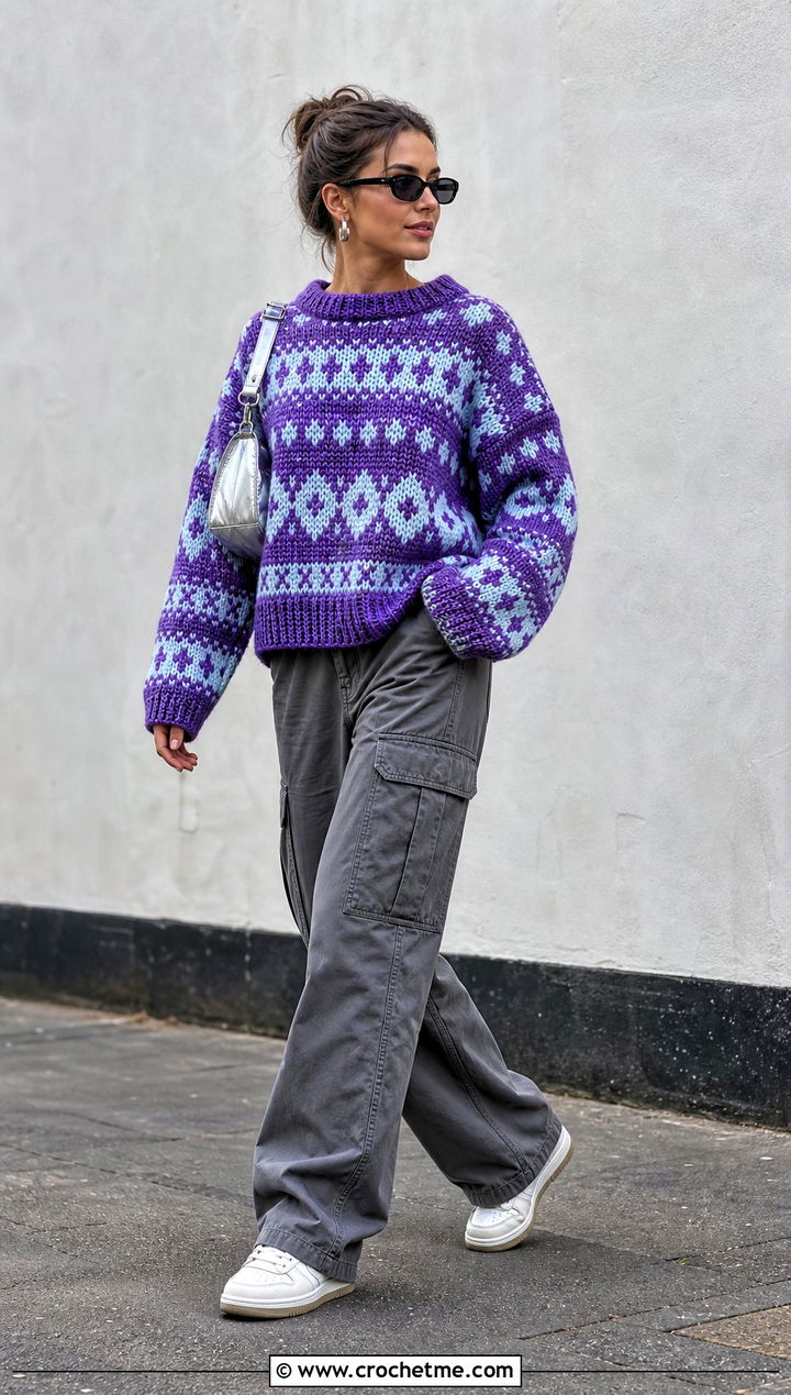 Boxy Crochet Fairisle Sweater With Cargo Pants - 15 Crochet Fairisle Sweater outfit ideas