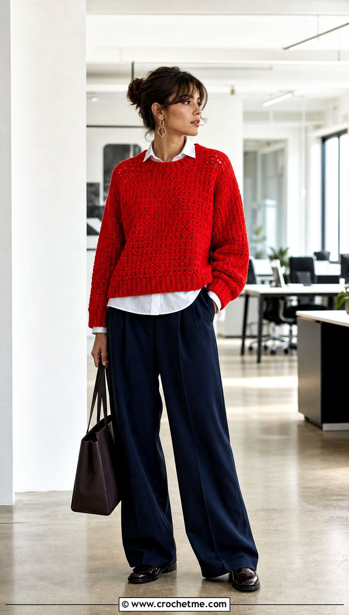 Boxy Crochet Fisherman Sweater With Pleated Trousers - 25 crochet fisherman sweater outfit ideas