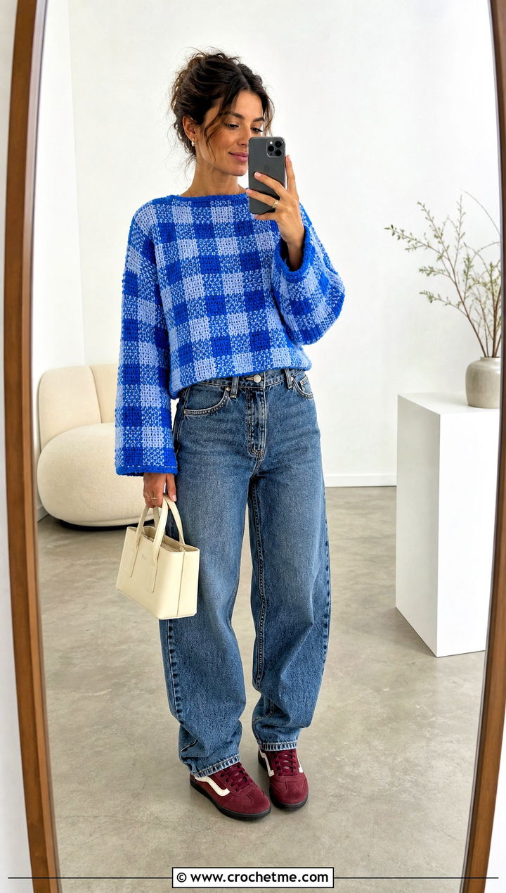 Boxy Crochet Gingham Sweater With Barrel Jeans - 25 Crochet Gingham Sweater outfit ideas