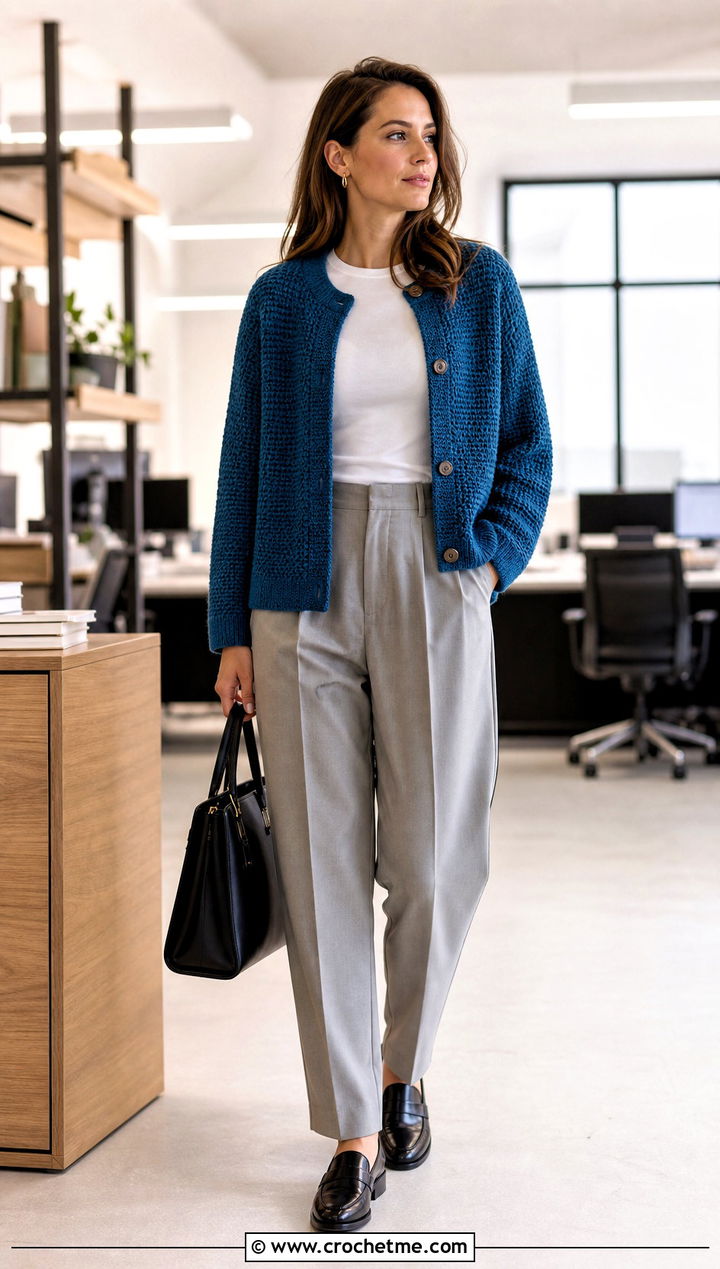 Boxy Crochet Grandpa Sweater With Suit Trousers - 25 Crochet Grandpa Sweater outfit ideas